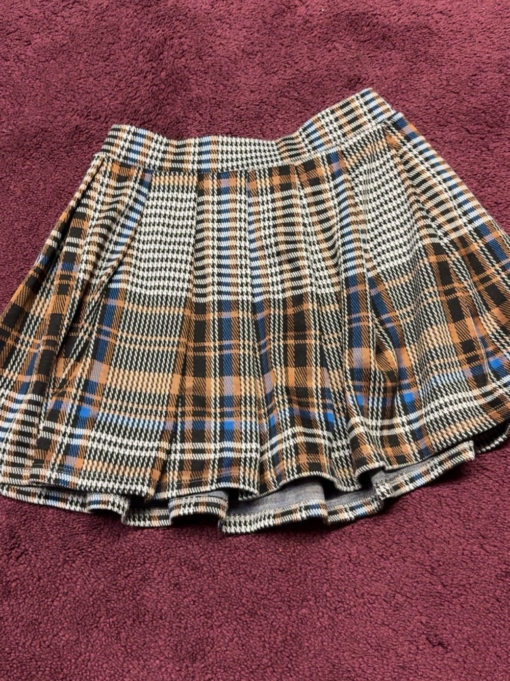 Pleated Plaid Skater Skirt in Brown, Black & Blue
